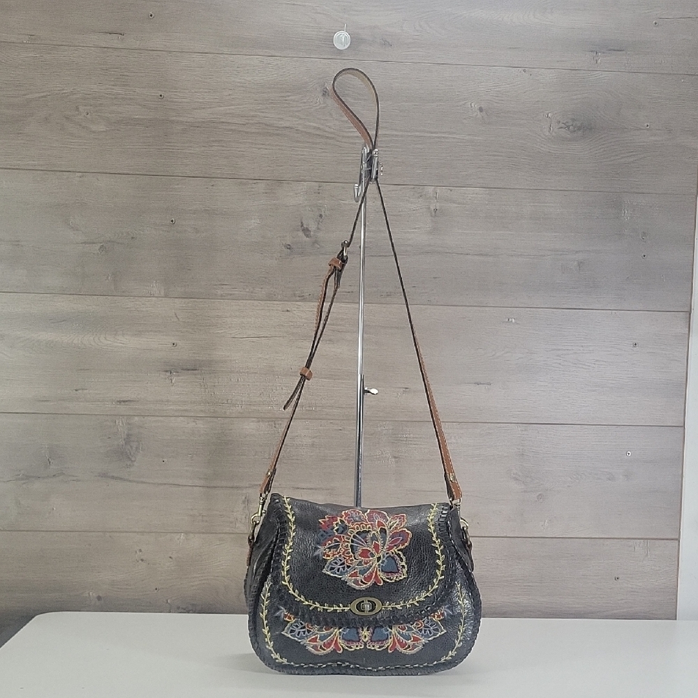 Patricia Nash Blue Floral Embroidered Leather Flap Front Saddle Crossbody Bag